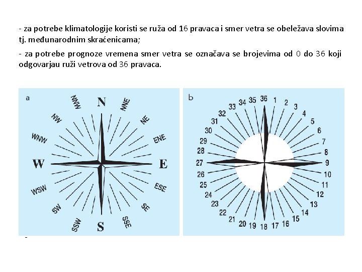 - za potrebe klimatologije koristi se ruža od 16 pravaca i smer vetra se