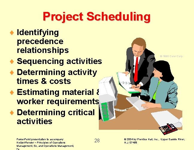 Project Scheduling © 1995 Corel Corp. PERT ¨ Identifying precedence relationships ¨ Sequencing activities