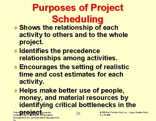 Purposes of Project Scheduling ¨ Shows the relationship of each activity to others and