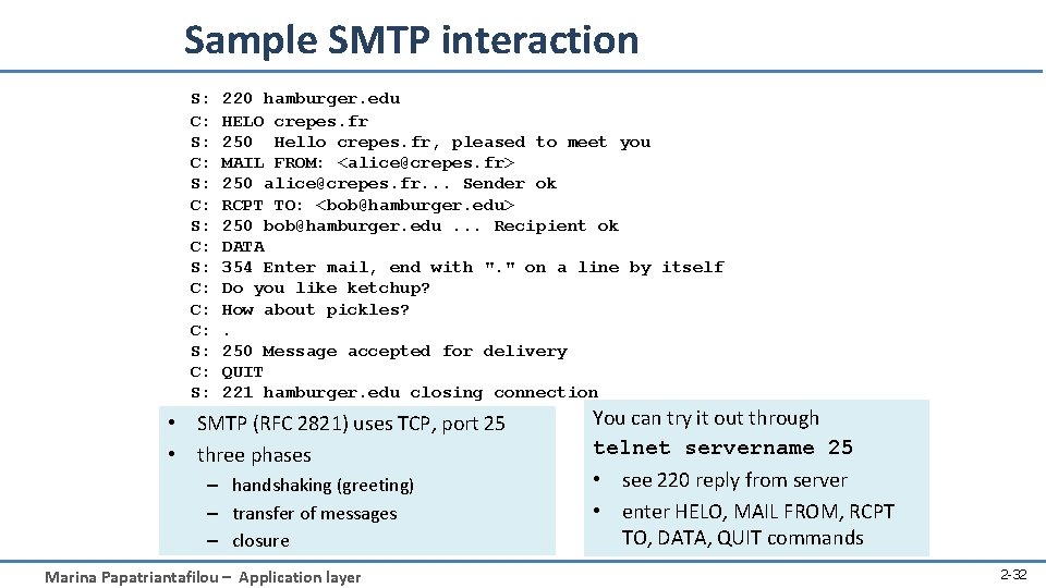 Sample SMTP interaction S: C: S: C: C: C: S: 220 hamburger. edu HELO