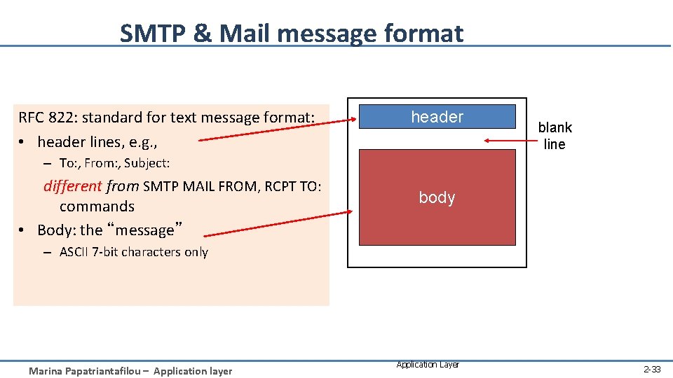 SMTP & Mail message format RFC 822: standard for text message format: • header