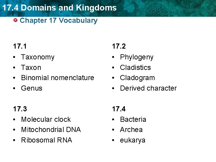 17. 4 Domains and Kingdoms Chapter 17 Vocabulary 17. 1 • • Taxonomy Taxon