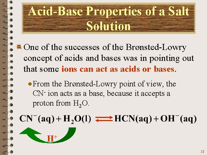 Acid-Base Properties of a Salt Solution One of the successes of the Brønsted-Lowry concept