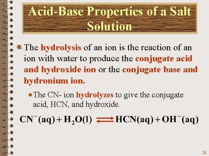 Acid-Base Properties of a Salt Solution The hydrolysis of an ion is the reaction