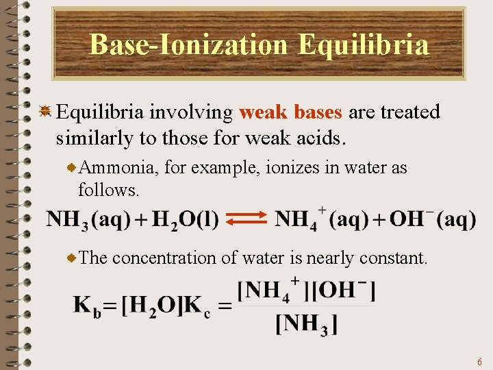 Base-Ionization Equilibria involving weak bases are treated similarly to those for weak acids. Ammonia,