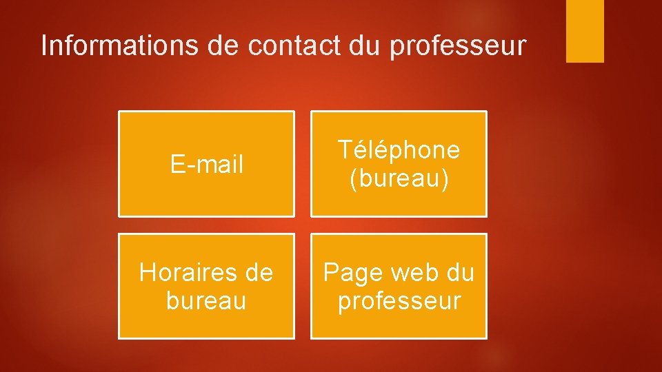 Informations de contact du professeur E-mail Téléphone (bureau) Horaires de bureau Page web du