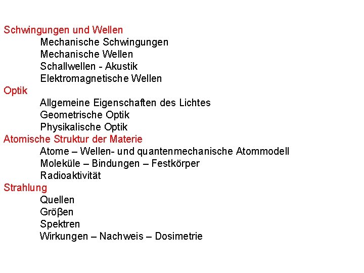 Schwingungen und Wellen Mechanische Schwingungen Mechanische Wellen Schallwellen - Akustik Elektromagnetische Wellen Optik Allgemeine