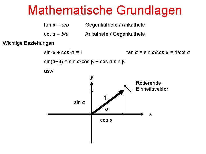 Mathematische Grundlagen tan α = a/b Gegenkathete / Ankathete cot α = b/a Ankathete