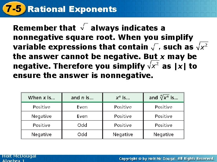 7 -5 Rational Exponents Remember that always indicates a nonnegative square root. When you