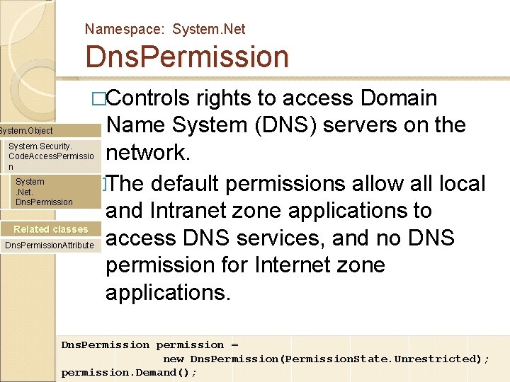 Namespace: System. Net Dns. Permission �Controls rights to access Domain Name System (DNS) servers Namespace: System. Net Dns. Permission �Controls rights to access Domain Name System (DNS) servers