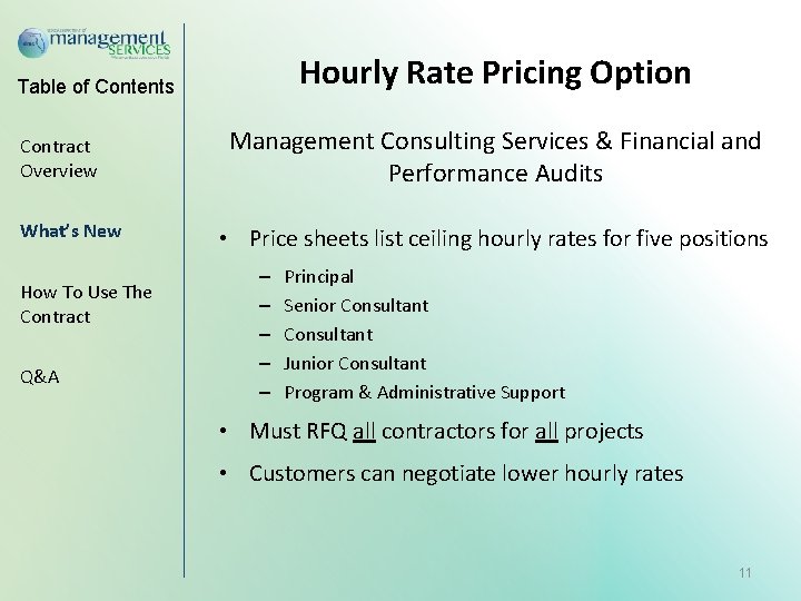 Hourly Rate Pricing Option Table of Contents Contract Overview What’s New How To Use