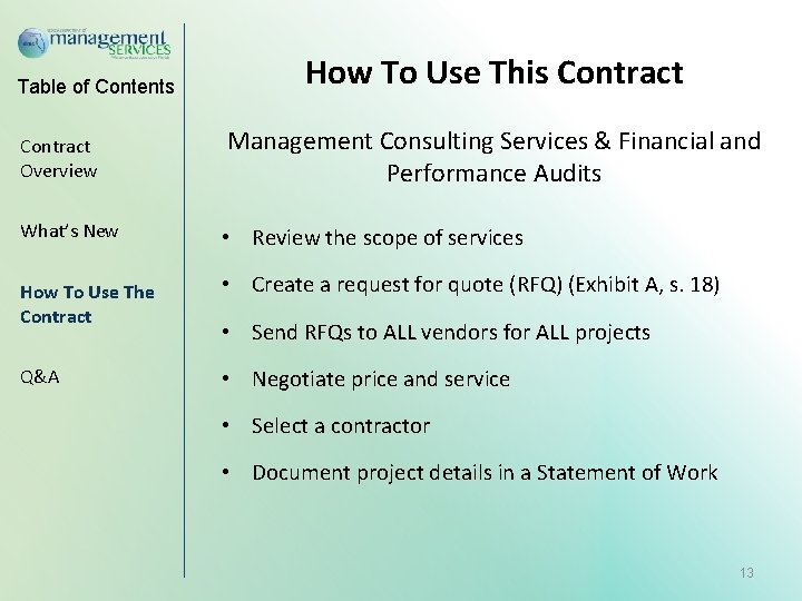 Table of Contents How To Use This Contract Overview Management Consulting Services & Financial