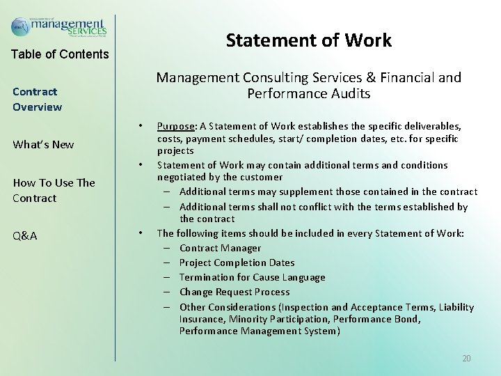 Statement of Work Table of Contents Management Consulting Services & Financial and Performance Audits