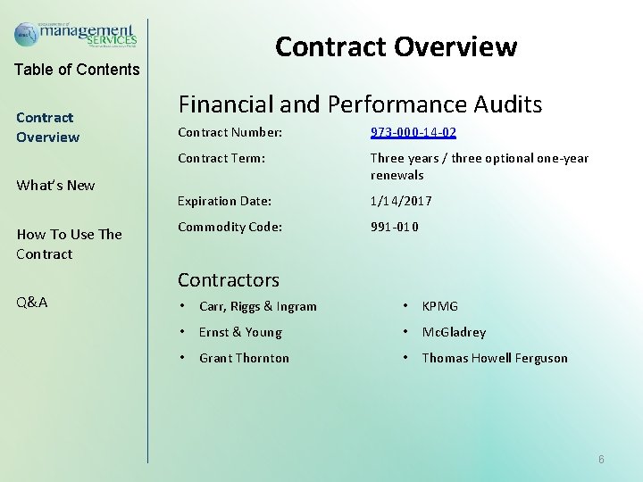 Contract Overview Table of Contents Contract Overview What’s New How To Use The Contract