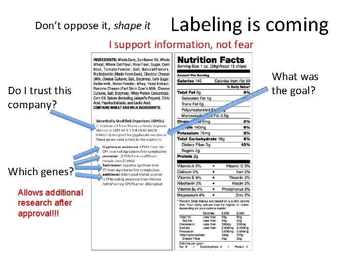 Don’t oppose it, shape it Labeling is coming I support information, not fear Do