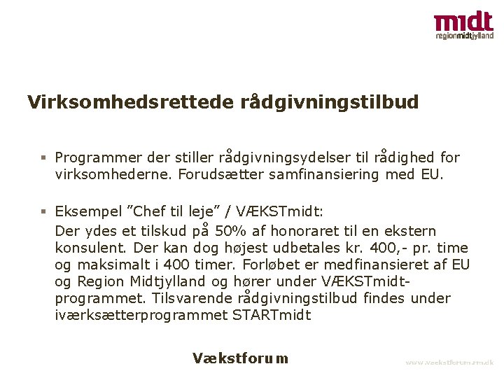 Virksomhedsrettede rådgivningstilbud § Programmer der stiller rådgivningsydelser til rådighed for virksomhederne. Forudsætter samfinansiering med