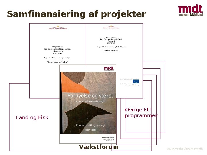 Samfinansiering af projekter Øvrige EU programmer Land og Fisk Vækstforum www. vaekstforum. rm. dk