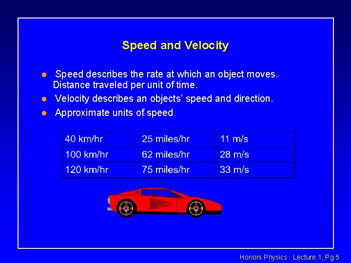 Speed and Velocity l l l Speed describes the rate at which an object