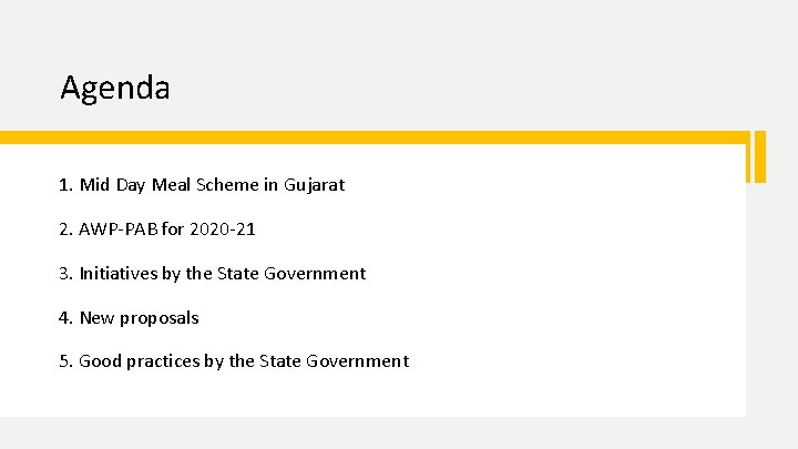 Agenda 1. Mid Day Meal Scheme in Gujarat 2. AWP-PAB for 2020 -21 3.