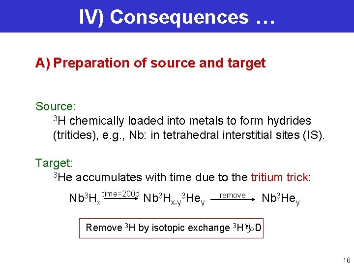 IV) Consequences … A) Preparation of source and target Source: 3 H chemically loaded