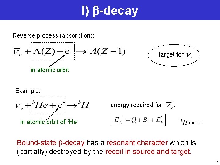 I) b-decay Reverse process (absorption): target for in atomic orbit Example: energy required for