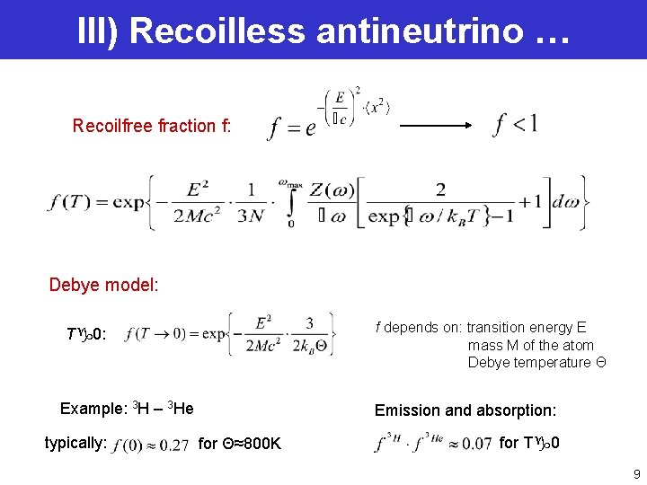 III) Recoilless antineutrino … Recoilfree fraction f: Debye model: f depends on: transition energy