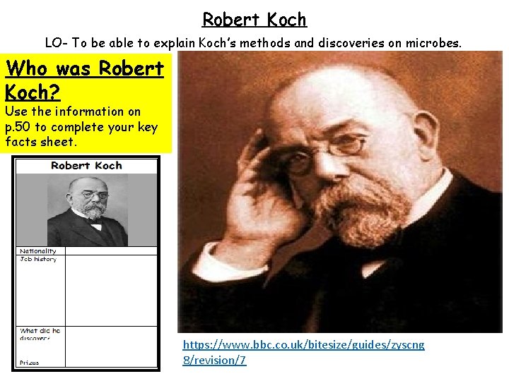 Robert Koch LO- To be able to explain Koch’s methods and discoveries on microbes.