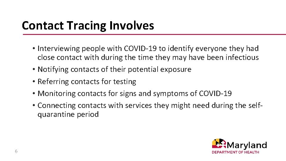 Contact Tracing Involves • Interviewing people with COVID-19 to identify everyone they had close