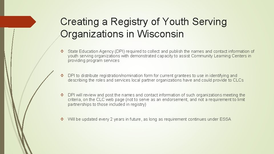 Creating a Registry of Youth Serving Organizations in Wisconsin State Education Agency (DPI) required