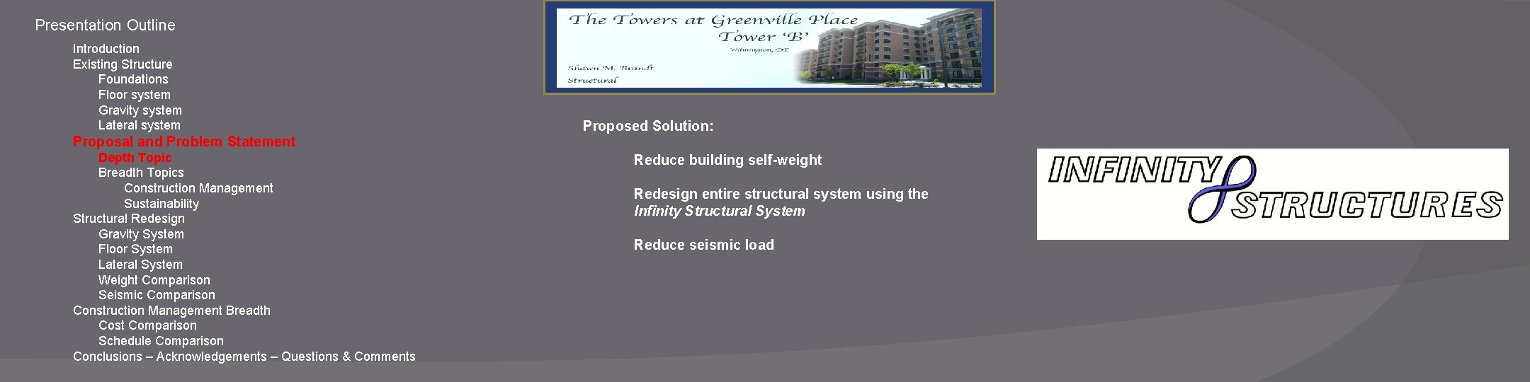 Presentation Outline Introduction Existing Structure Foundations Floor system Gravity system Lateral system Proposal and