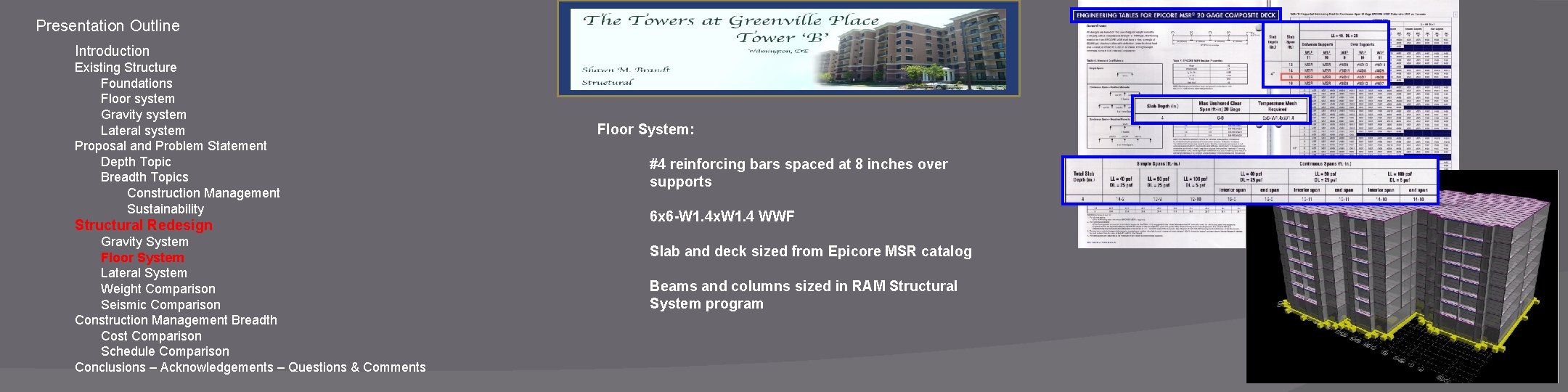 Presentation Outline Introduction Existing Structure Foundations Floor system Gravity system Lateral system Proposal and