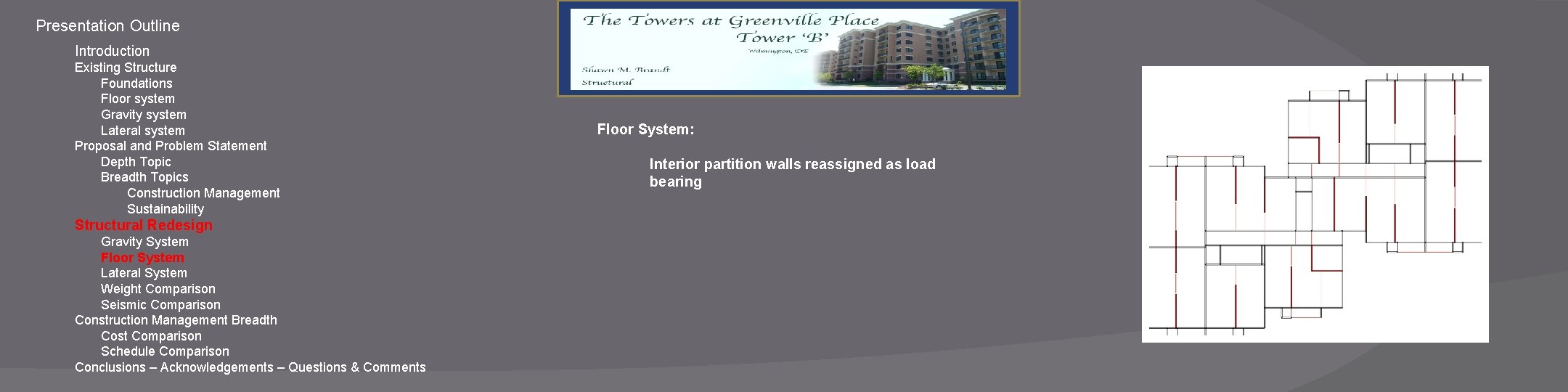 Presentation Outline Introduction Existing Structure Foundations Floor system Gravity system Lateral system Proposal and