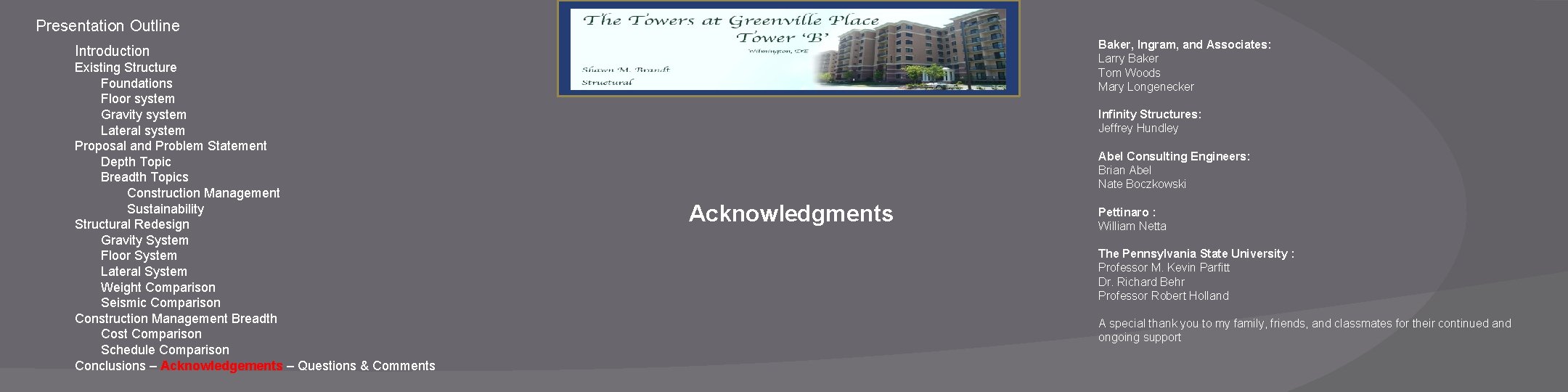 Presentation Outline Baker, Ingram, and Associates: Larry Baker Tom Woods Mary Longenecker Introduction Existing