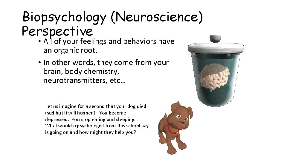 Biopsychology (Neuroscience) Perspective • All of your feelings and behaviors have an organic root.