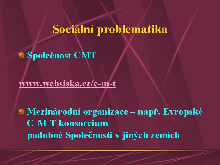 Sociální problematika Společnost CMT www. websiska. cz/c-m-t Mezinárodní organizace – např. Evropské C-M-T konsorcium