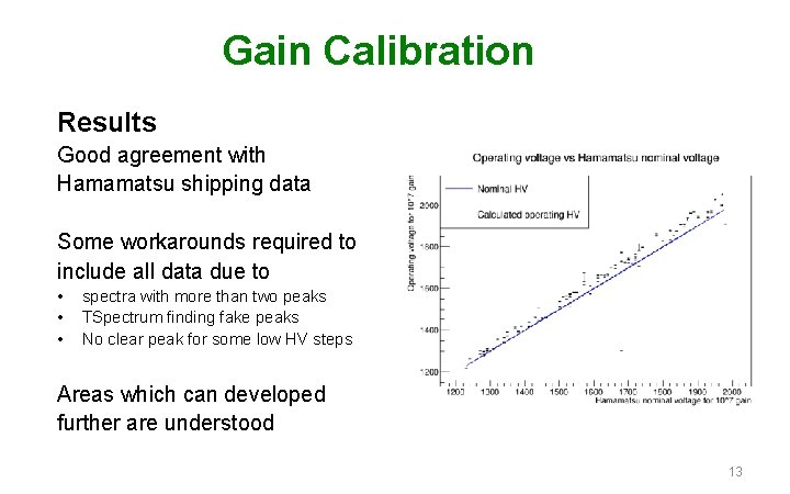 Gain Calibration Results Good agreement with Hamamatsu shipping data Some workarounds required to include