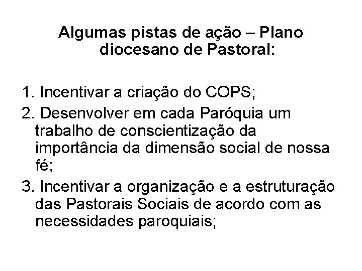 Algumas pistas de ação – Plano diocesano de Pastoral: 1. Incentivar a criação do