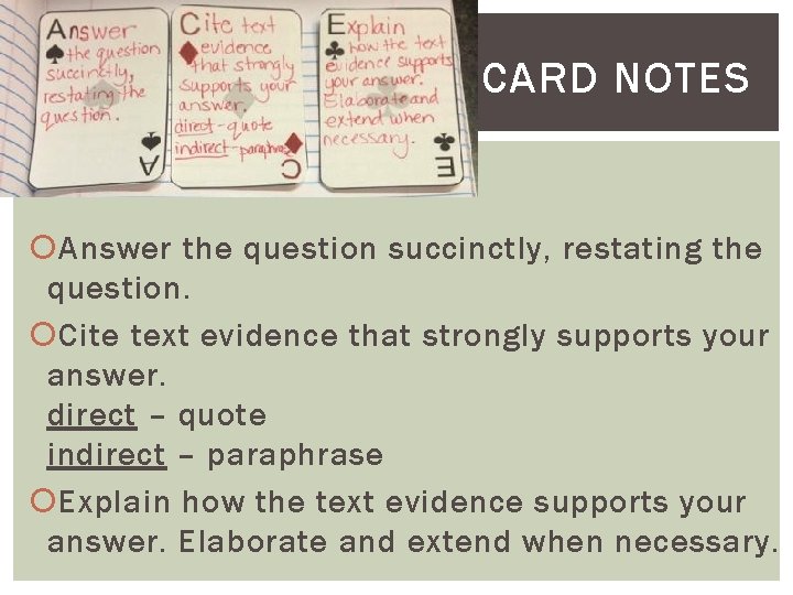 CARD NOTES Answer the question succinctly, restating the question. Cite text evidence that strongly