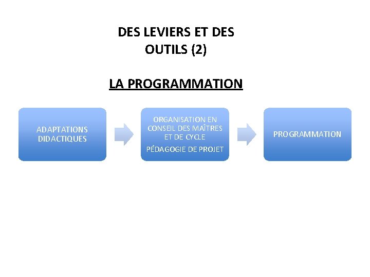 DES LEVIERS ET DES OUTILS (2) LA PROGRAMMATION ADAPTATIONS DIDACTIQUES ORGANISATION EN CONSEIL DES