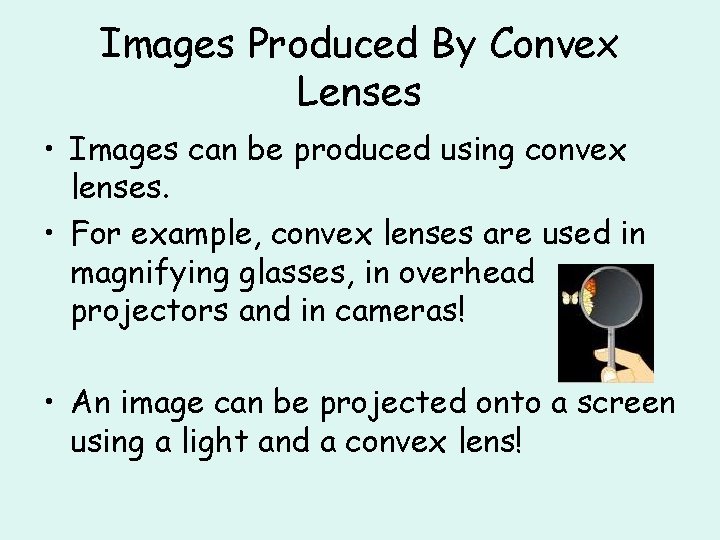Images Produced By Convex Lenses • Images can be produced using convex lenses. •