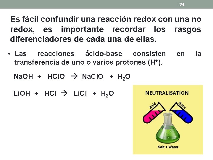 34 Es fácil confundir una reacción redox con una no redox, es importante recordar