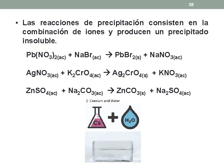 35 • Las reacciones de precipitación consisten en la combinación de iones y producen