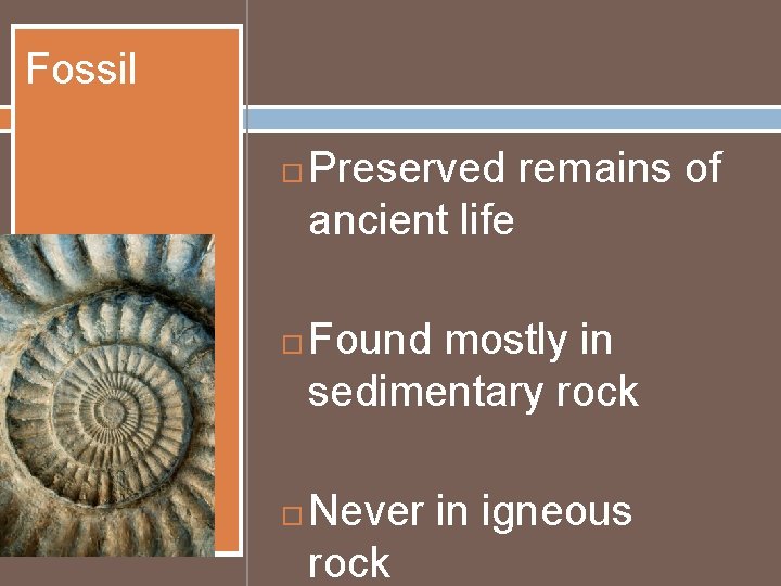 Fossil Preserved remains of ancient life Found mostly in sedimentary rock Never in igneous