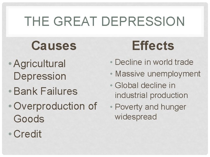 THE GREAT DEPRESSION Causes Effects • Agricultural Depression • Bank Failures • Overproduction of