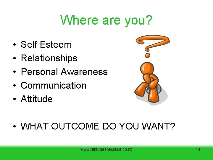 Where are you? • • • Self Esteem Relationships Personal Awareness Communication Attitude • Where are you? • • • Self Esteem Relationships Personal Awareness Communication Attitude •