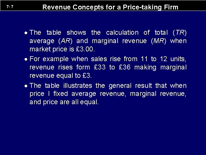 7 - 7 Revenue Concepts for a Price-taking Firm · The table shows the