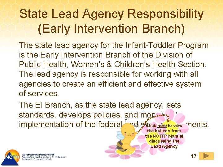 State Lead Agency Responsibility (Early Intervention Branch) The state lead agency for the Infant-Toddler