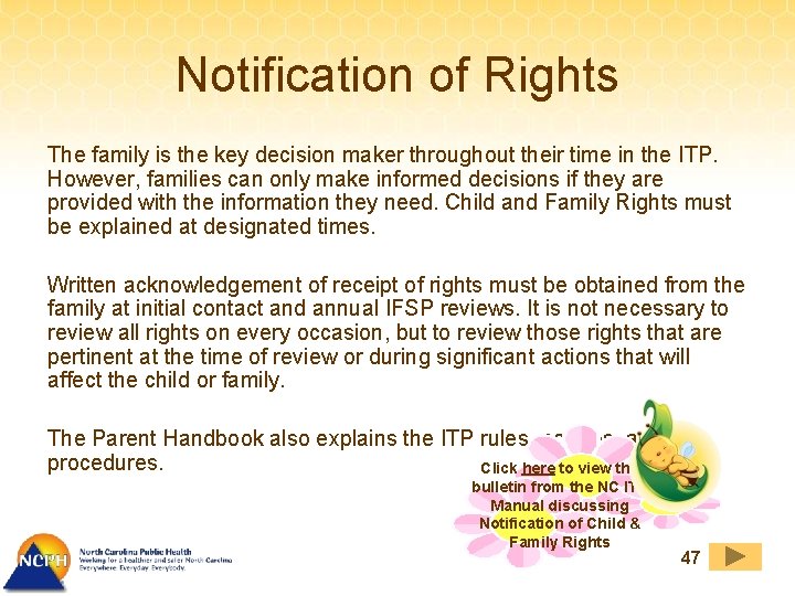 Notification of Rights The family is the key decision maker throughout their time in