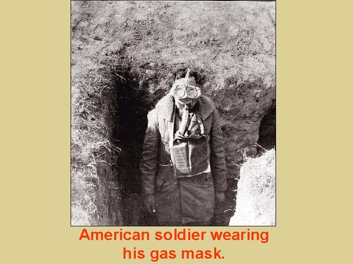 American soldier wearing his gas mask. 