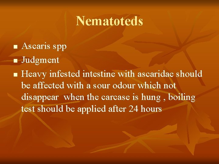 Nematoteds n n n Ascaris spp Judgment Heavy infested intestine with ascaridae should be